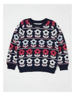 Jaquard Knit Sweater in Flowers Navy