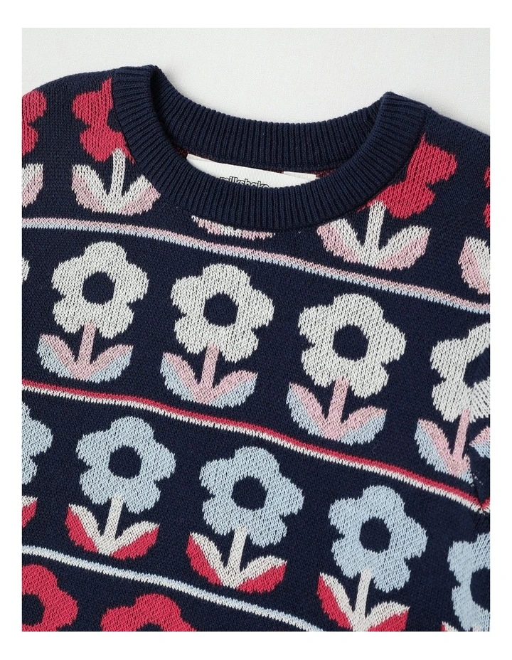 Jaquard Knit Sweater in Flowers Navy image 2