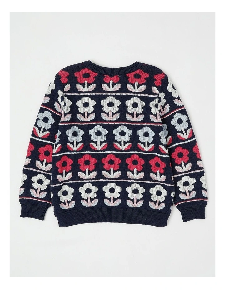 Jaquard Knit Sweater in Flowers Navy image 3