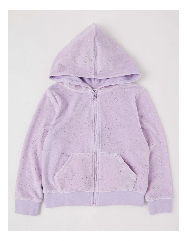 Velour Zip Thru Hoodie in Purple Glitter image 1