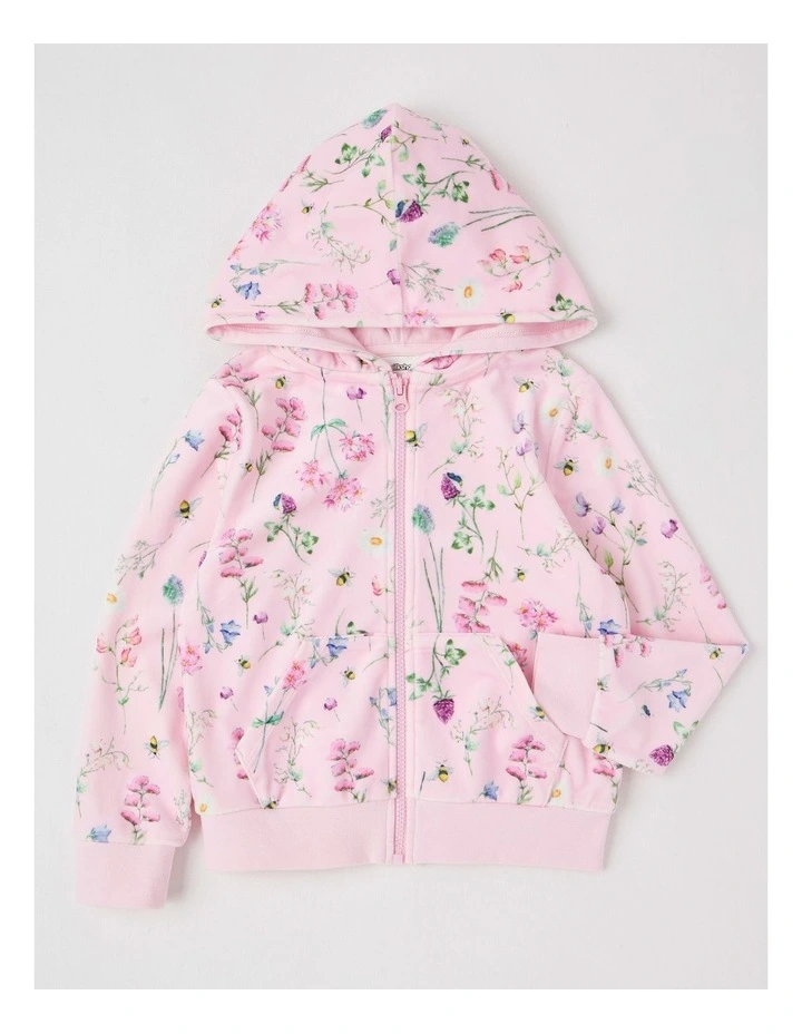Velour Zip Thru Hoodie in Pink Floral image 1