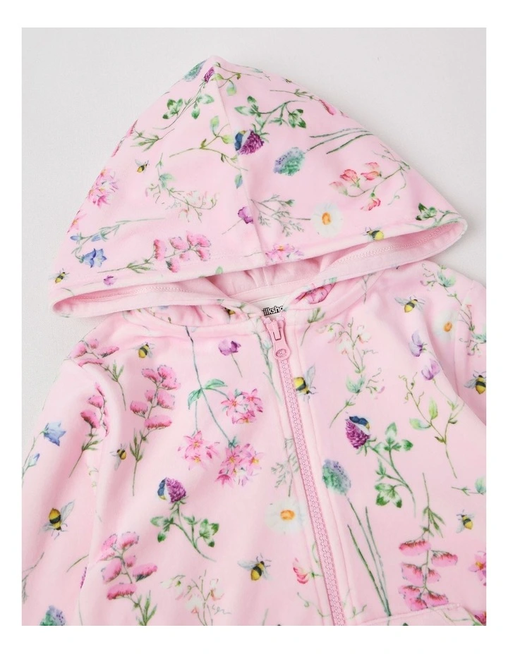 Velour Zip Thru Hoodie in Pink Floral image 2