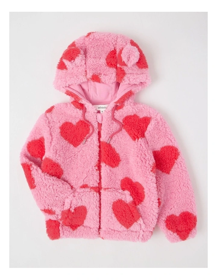 Zip Thru Teddy Hoodie in Hearts Pink image 1