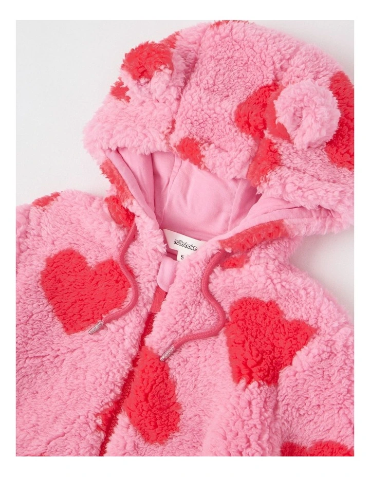 Zip Thru Teddy Hoodie in Hearts Pink image 2