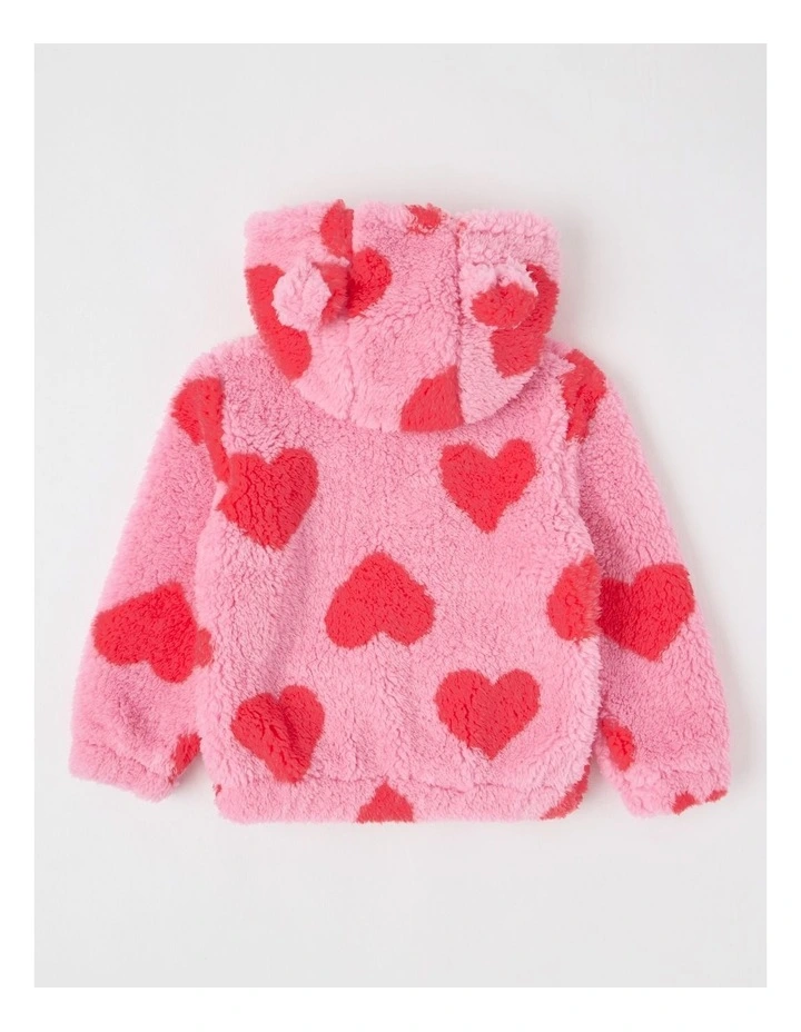 Zip Thru Teddy Hoodie in Hearts Pink image 3