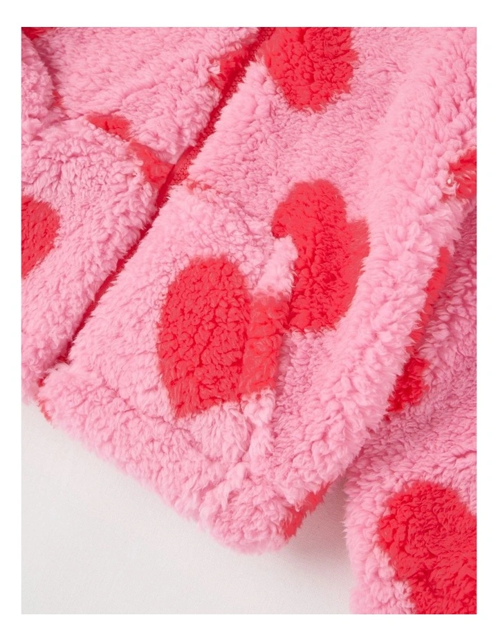Zip Thru Teddy Hoodie in Hearts Pink image 4