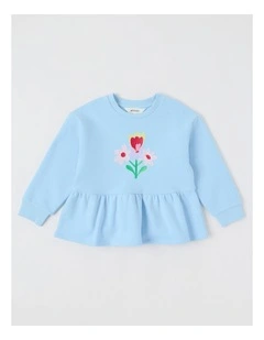 Peplum Hem Sweat Top with Applique in Floral Light Blue