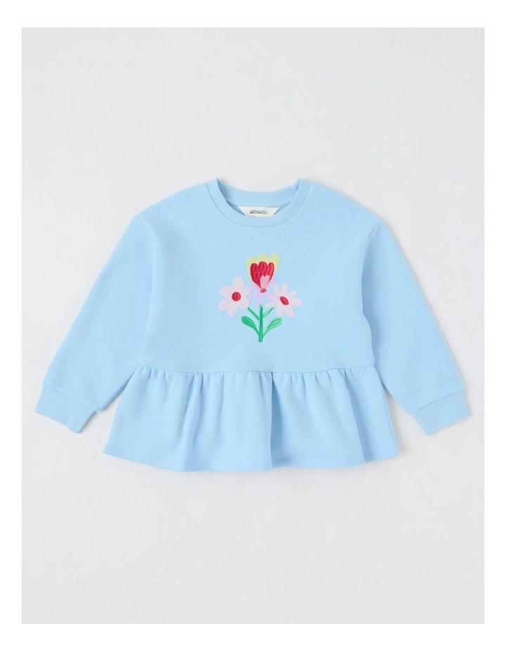 Peplum Hem Sweat Top with Applique in Floral Light Blue image 1