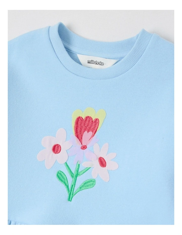 Peplum Hem Sweat Top with Applique in Floral Light Blue image 2