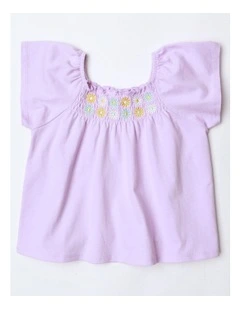 Smock Top with Daisy Embroidery in Purple