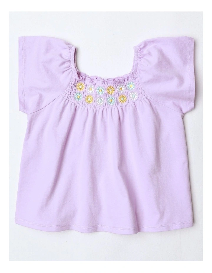 Smock Top with Daisy Embroidery in Purple image 1