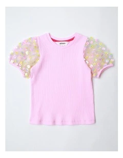 Short Sleeve Top with Sequin Sleeves in Pink