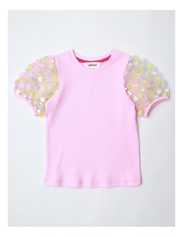 Short Sleeve Top with Sequin Sleeves in Pink image 1
