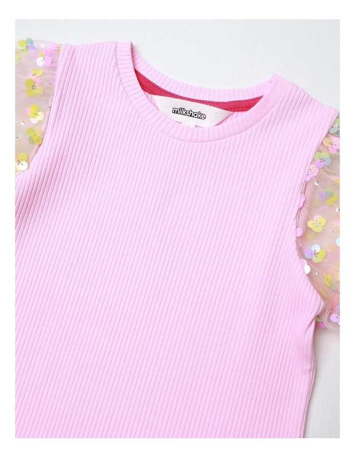 Short Sleeve Top with Sequin Sleeves in Pink image 3