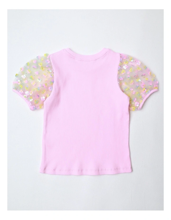 Short Sleeve Top with Sequin Sleeves in Pink image 4