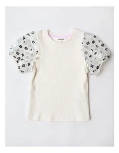Short Sleeve Top with Sequin Sleeves in White