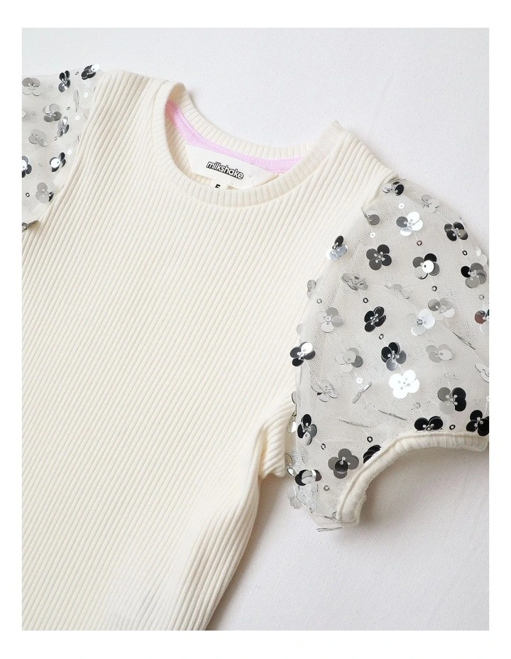 Short Sleeve Top with Sequin Sleeves in White image 2