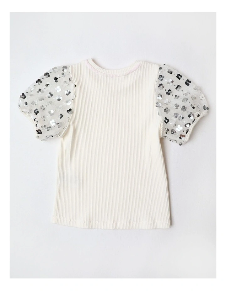 Short Sleeve Top with Sequin Sleeves in White image 3