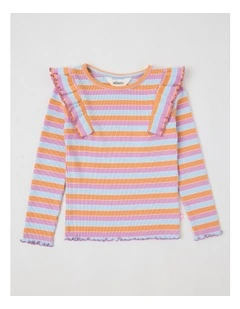 Long Sleeve Ruffle Rib Top in Multi Stripe
