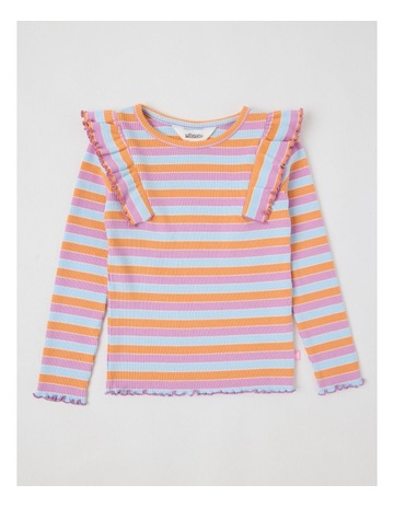 Long Sleeve Ruffle Rib Top in Multi Stripe