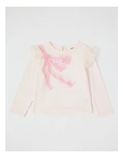 Long Sleeve Knit Top with Tulle Shoulder in Light Pink