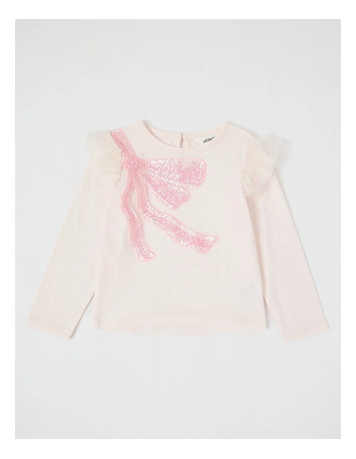 Long Sleeve Knit Top with Tulle Shoulder in Light Pink image 1