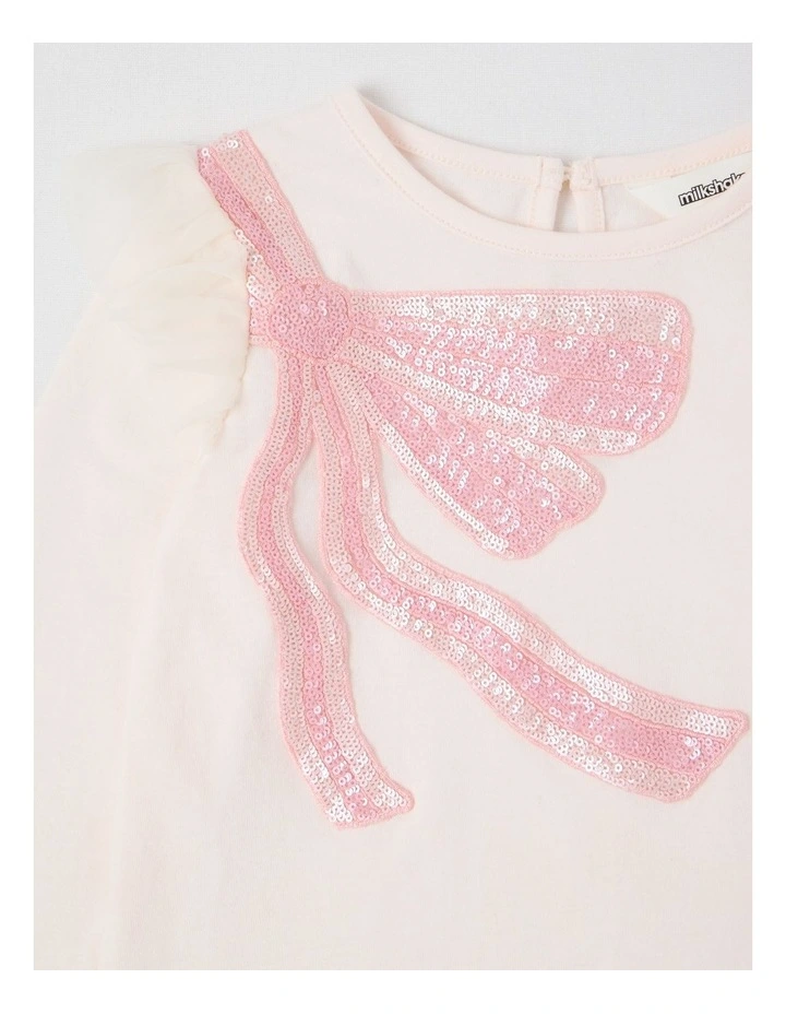 Long Sleeve Knit Top with Tulle Shoulder in Light Pink image 2