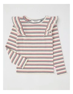 Long Sleeve Ruffle Rib Top in Cream Stripe