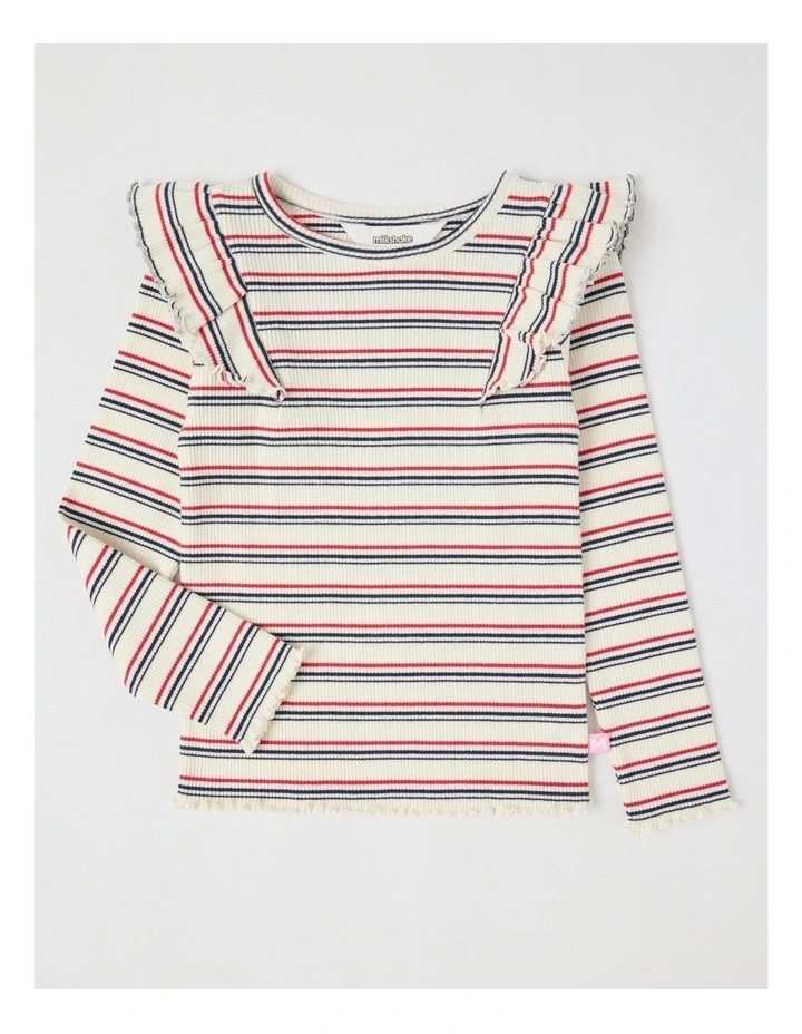 Long Sleeve Ruffle Rib Top in Cream Stripe image 1