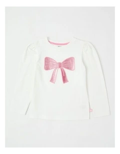 Long Sleeve Applique Tee in Bow White