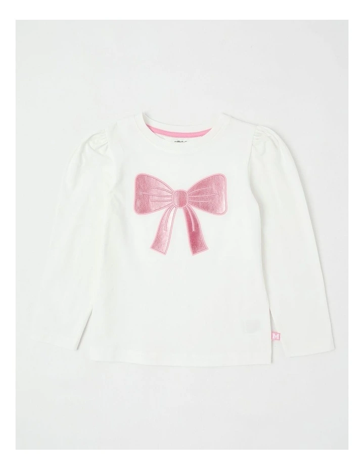 Long Sleeve Applique Tee in Bow White image 1