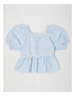 Smock Top With Embroidery in Daisies/Blue Gingham
