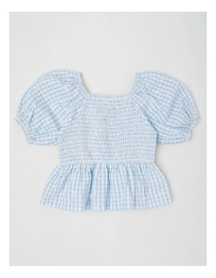 Smock Top With Embroidery in Daisies/Blue Gingham image 1