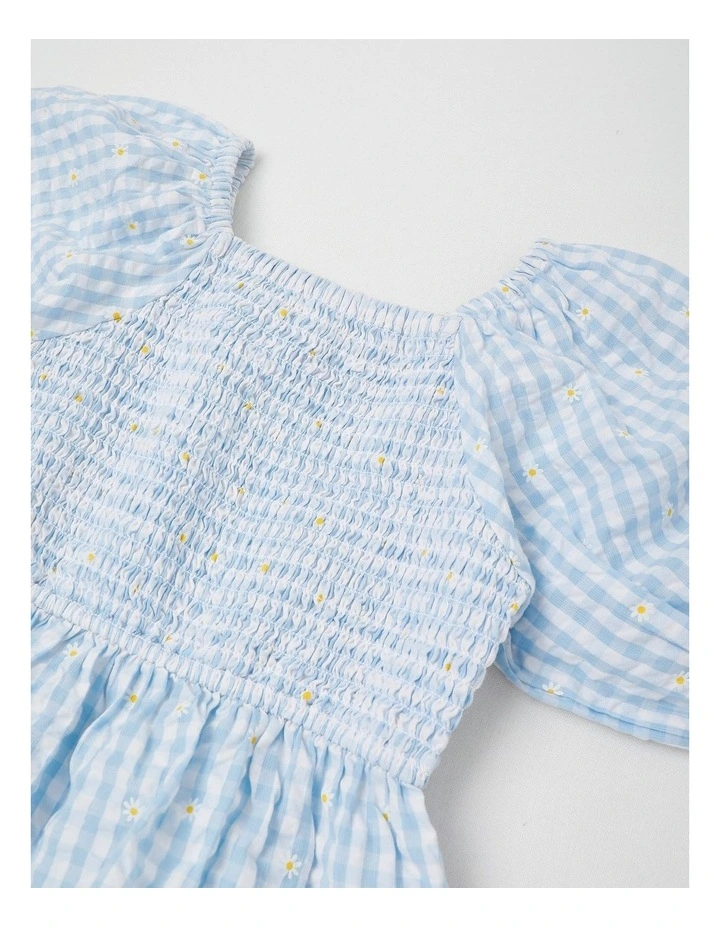 Smock Top With Embroidery in Daisies/Blue Gingham image 2