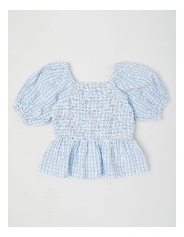 Smock Top With Embroidery in Daisies/Blue Gingham image 3