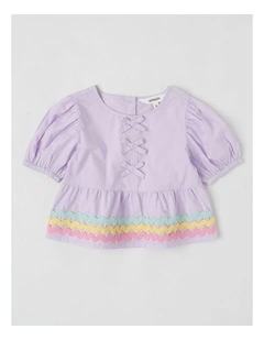 Puff Sleeve Bow Peplum Top With Ric Rac Trim in Purple