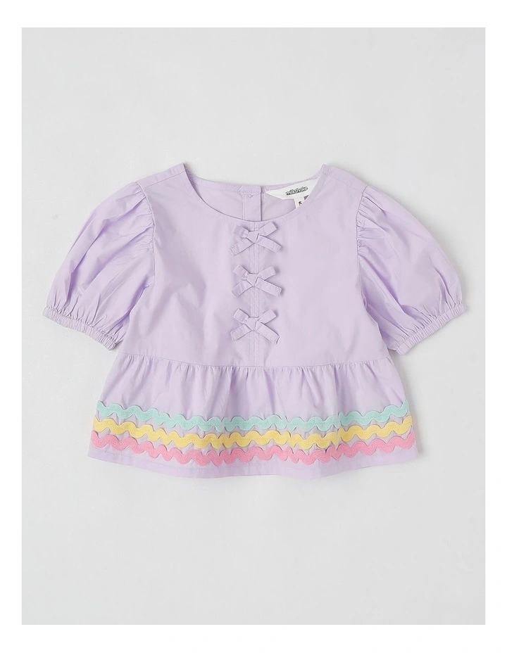 Puff Sleeve Bow Peplum Top With Ric Rac Trim in Purple image 1