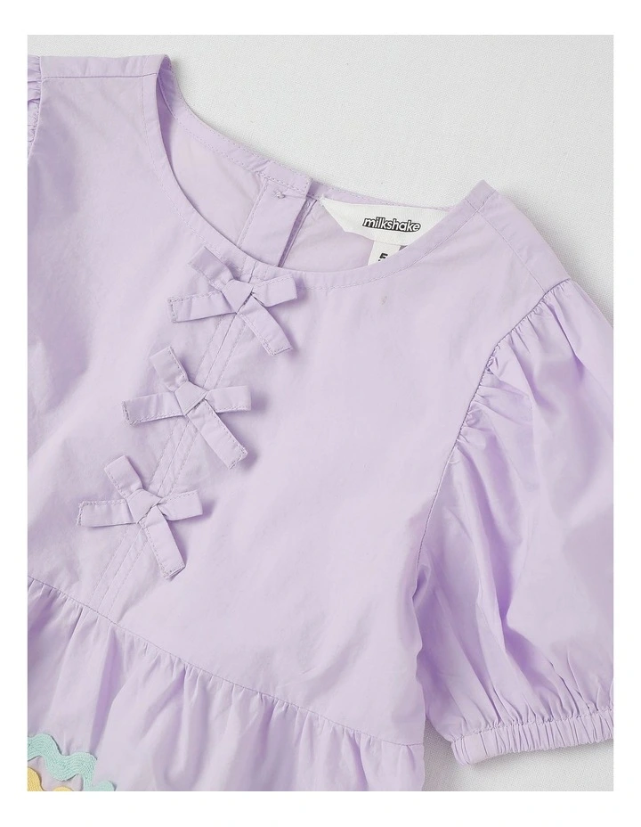 Puff Sleeve Bow Peplum Top With Ric Rac Trim in Purple image 2