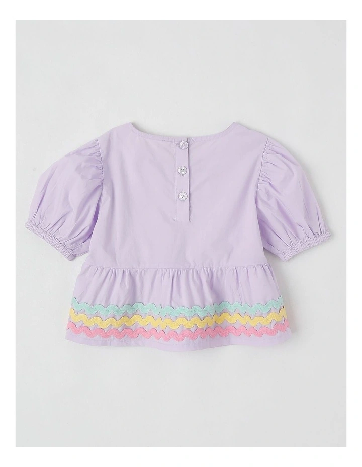 Puff Sleeve Bow Peplum Top With Ric Rac Trim in Purple image 3