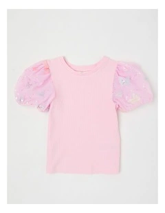 Short Sleeve Knit Top With Applique Puff Sleeves in Butterflies/Pink
