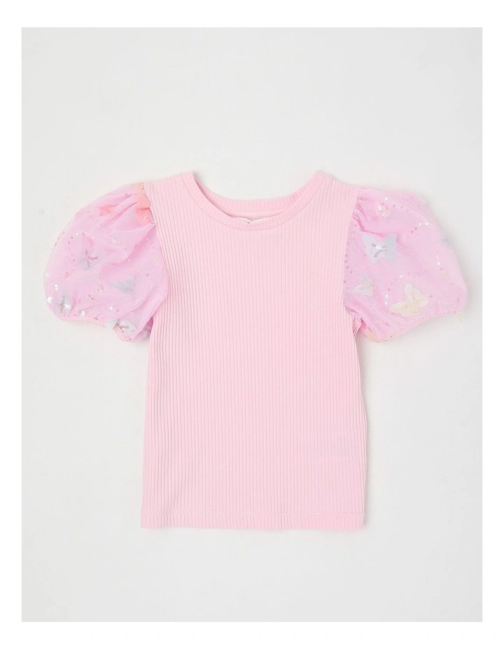 Short Sleeve Knit Top With Applique Puff Sleeves in Butterflies/Pink image 1