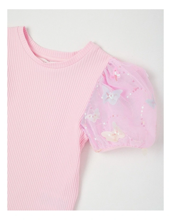 Short Sleeve Knit Top With Applique Puff Sleeves in Butterflies/Pink image 2