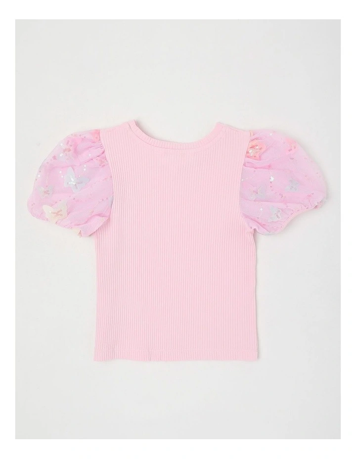 Short Sleeve Knit Top With Applique Puff Sleeves in Butterflies/Pink image 3