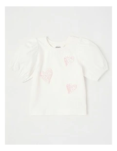 Puff Sleeve Sequin Heart Top in Cream