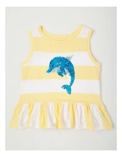 Sleeveless Striped Tank Top With Frill Hem in Dolphin/Yellow & White