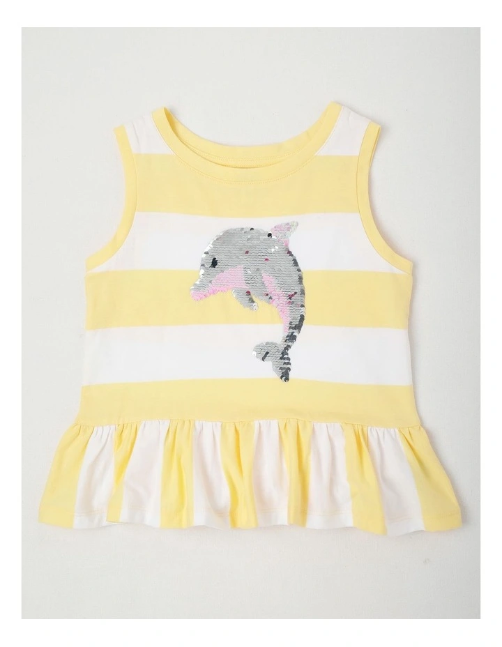 Sleeveless Striped Tank Top With Frill Hem in Dolphin/Yellow & White image 2