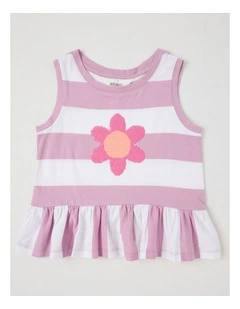 Sleeveless Striped Tank Top With Frill Hem in Flower/ Purple & White