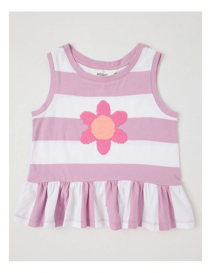 Sleeveless Striped Tank Top With Frill Hem in Flower/ Purple & White image 1