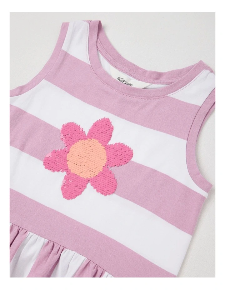 Sleeveless Striped Tank Top With Frill Hem in Flower/ Purple & White image 2