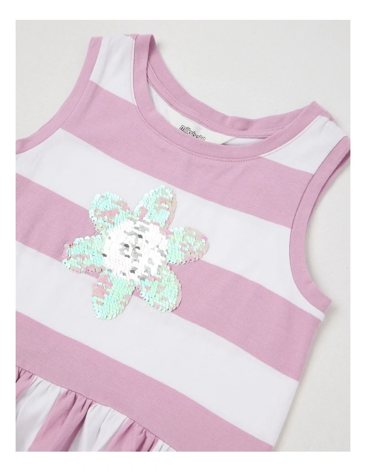Sleeveless Striped Tank Top With Frill Hem in Flower/ Purple & White image 3